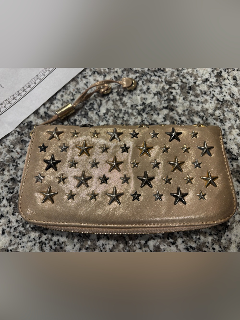 Jimmy Choo Filipa Metallic Gold Star-Stud Zip Wallet